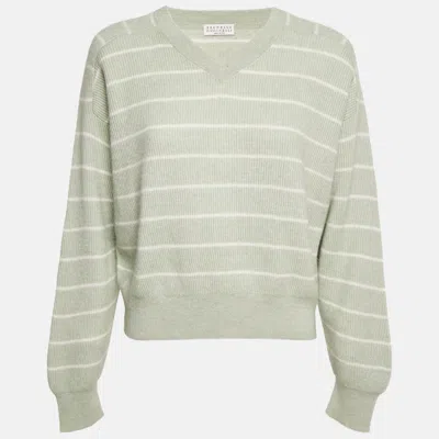 Pre-owned Brunello Cucinelli Pastel Green Striped Cashmere Sweater M