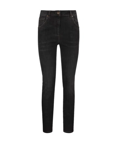 Brunello Cucinelli Slim Pants In Stretch Denim With Shiny Leather Tab In Grey Denim