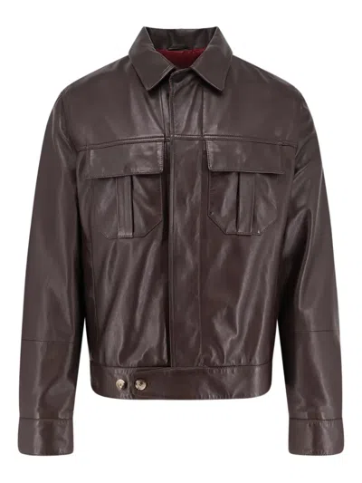 Brunello Cucinelli Men Leather Jacket With Pockets In Brown