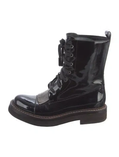 Pre-owned Brunello Cucinelli Patent Leather Beaded Accents Moto Boots In Black