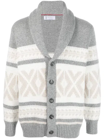 Brunello Cucinelli Pattern-intarsia Knitted Cashmere Cardigan In Gray