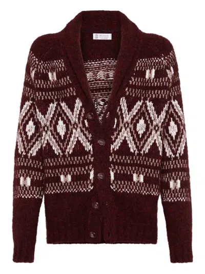 Brunello Cucinelli Shawl Collar Geometric Pattern Knit Cardigan In Burgundy