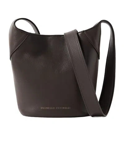 Brunello Cucinelli Bead-embellished Leather Shoulder Bag In Brown