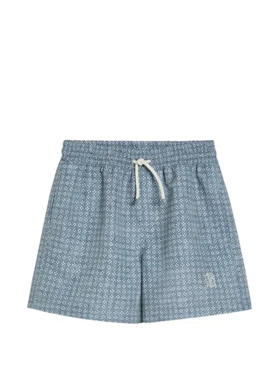 Brunello Cucinelli Kids' Patterned Techno Fabric Swim Shorts With Logo In Blue
