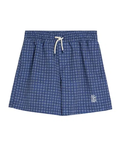 Brunello Cucinelli Kids' Patterned Techno Fabric Swim Shorts With Logo In Black