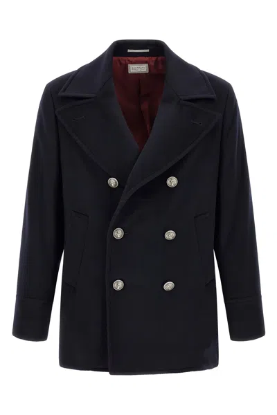 Brunello Cucinelli Peacoat Coat In Blue