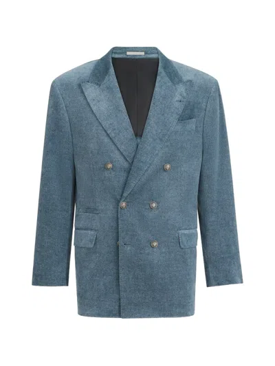 Brunello Cucinelli Denim-effect Cotton Velvet One-and-a-half Breasted Tailor Blazer With Metal Buttons In Blue
