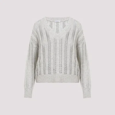 BRUNELLO CUCINELLI PEARL GREY 3D RIBBED AND SHINY NET WOOL SWEATER