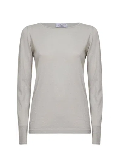 Brunello Cucinelli Pearl Sparkling Cashmere And Silk Lightweight Sweater In White