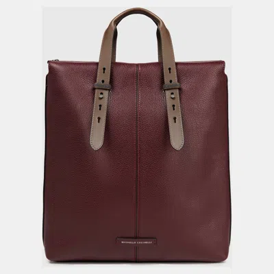 Pre-owned Brunello Cucinelli Pebbled Leather Embellished Tote In Burgundy