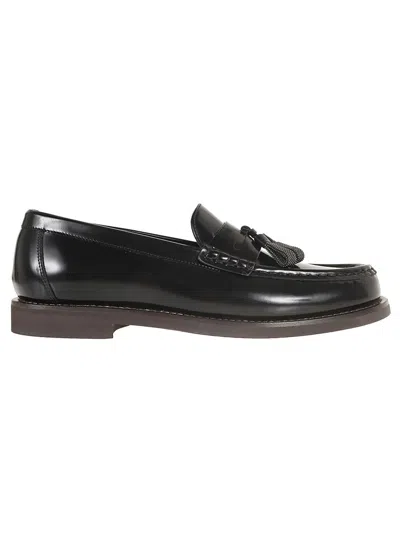 Brunello Cucinelli Minimal Shiny Tassel Calfskin Lo In Black
