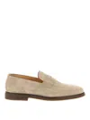 Brunello Cucinelli Suede Round Toe Stitched Loafers In Neutral
