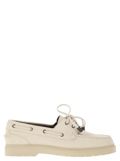 Brunello Cucinelli Penny Loafer Sail In Camoscio Con Shiny Aglets In Neutral