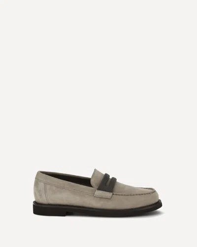 Brunello Cucinelli Penny Loafers In Suede With Precious Clamp In Brown