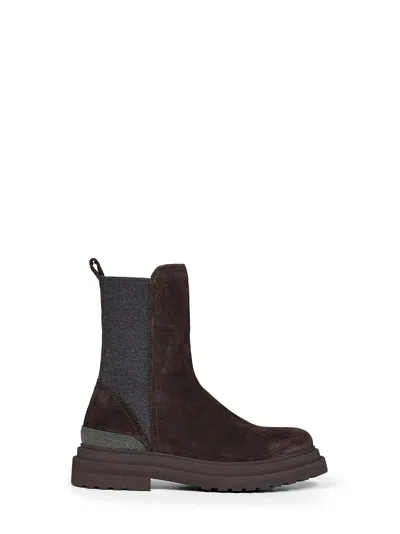 Brunello Cucinelli Pepper Suede Ankle Boots With Precious Detail In Brown