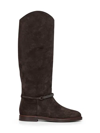 Brunello Cucinelli Pepper Suede Boot With Precious Strap In Brown