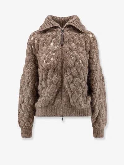 Brunello Cucinelli Perforated Cardigan With Micro-sequins In Brown