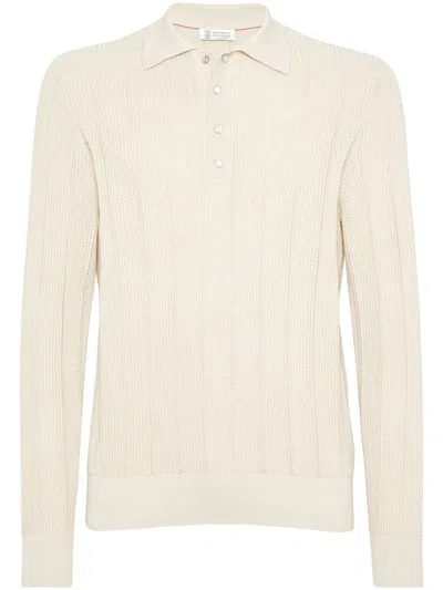 Brunello Cucinelli Perforated Cotton Polo Shirt In White