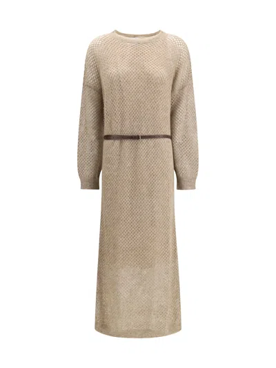 Brunello Cucinelli Perforated Knit Dressss In Neutral