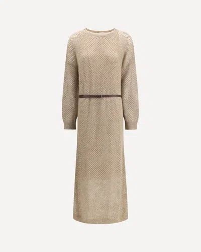 Brunello Cucinelli Perforated Knit Dressss In Sand