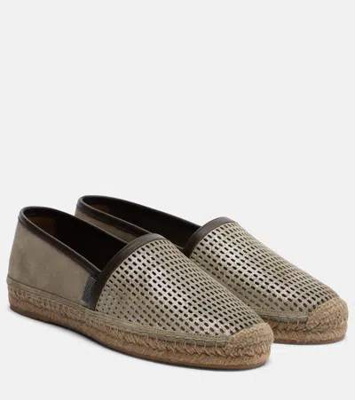 Brunello Cucinelli Perforated Leather And Suede Espadrilles In Gray