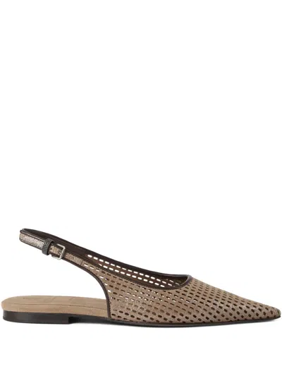 Brunello Cucinelli Perforated Leather Slingback Flat In Brown