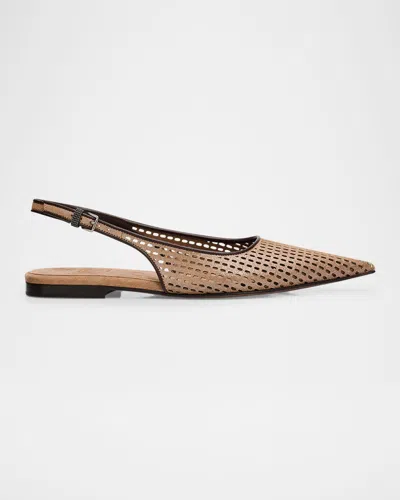 Brunello Cucinelli Perforated Leather Slingback Flats In Brown