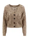 Brunello Cucinelli Perforated Linen And Silk Cardigan With Micro-sequins In Beige