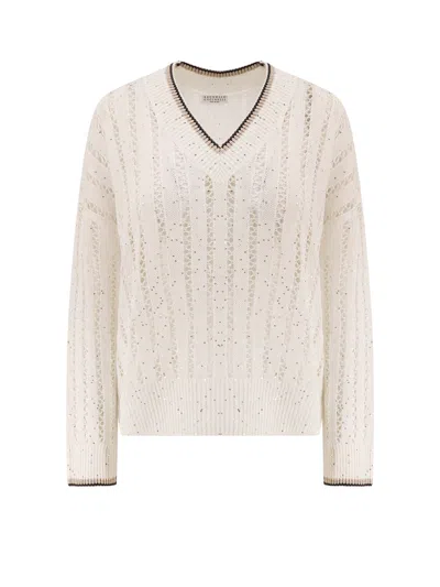 Brunello Cucinelli Perforated Linen Sweater With Sequins In White
