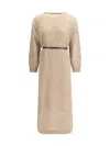 Brunello Cucinelli Hazelnut Color Midi Dress With Waist Belt In Neutral