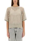 Brunello Cucinelli Linen Ribbed Net Knit Top In Beige