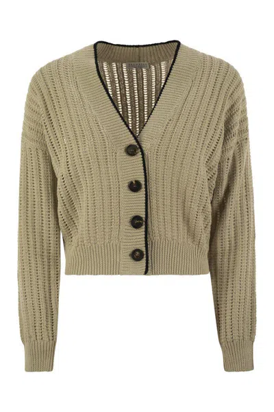 Brunello Cucinelli Perforated Rib Cotton Knit Cardigan With Jewellery In Beige