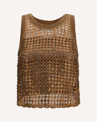 Brunello Cucinelli Perforated Silk And Linen Top With Sequins In Brown
