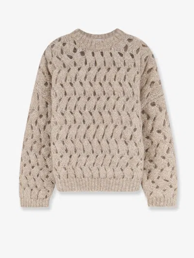 Brunello Cucinelli Perforated Sweater With Micro Sequins In Beige