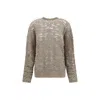 Brunello Cucinelli 'dazzling' Brown Round Neck Sweater With Open Stitch And Beaded Decorations