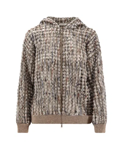 Brunello Cucinelli Perforated Wool Blend Cardigan With Sequins In Multi
