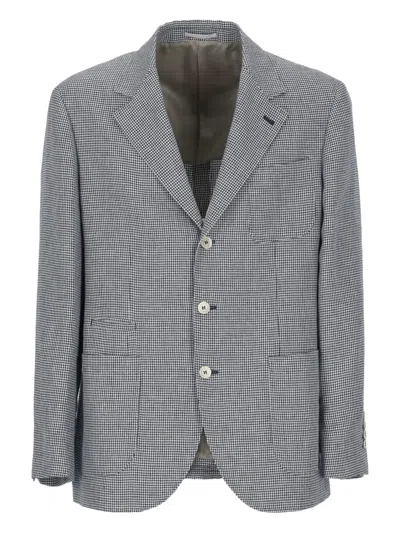 Brunello Cucinelli Pied-de-poule Linen Blazer In Gray