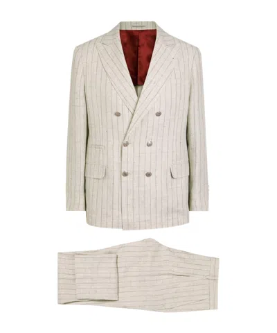 Brunello Cucinelli Pin Striped Double-breasted Linen Suit In Neutral