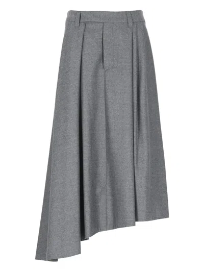 Brunello Cucinelli Pin-tuck Asymmetrical Midi Skirt In Gray
