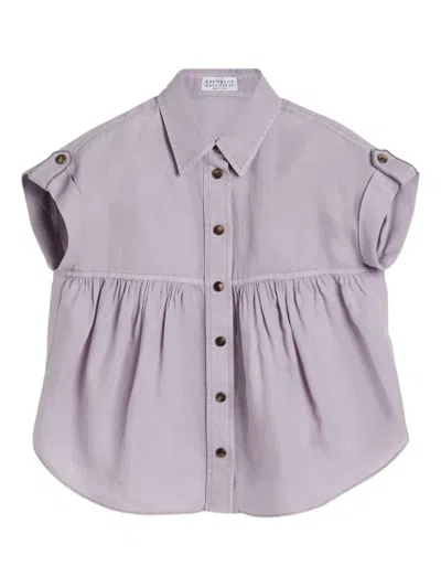 Brunello Cucinelli Kids' Pinpoint-gathered Shirt In Purple