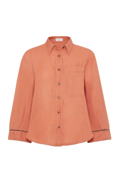 Brunello Cucinelli Pinpoint Shirt With Monili In Orange
