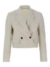 Brunello Cucinelli Pinstriped Linen And Cotton Double-breasted Blazer In Gray