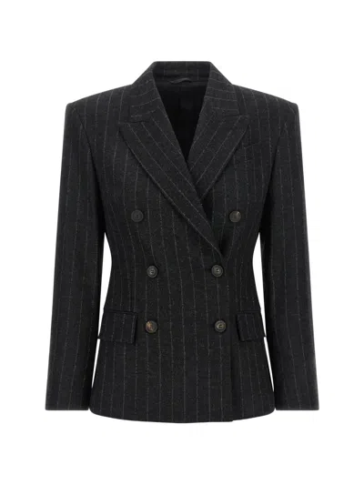 Brunello Cucinelli Double-breasted Pinstripe Blazer With Sequins In Black