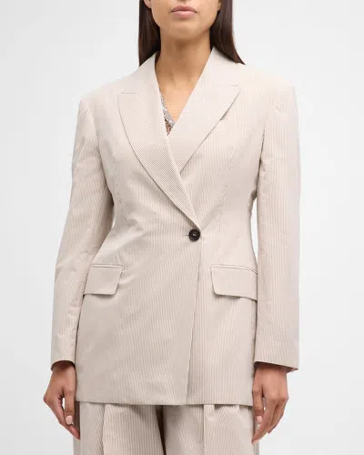 Brunello Cucinelli Pinstripe Cotton Asymmetric Single-breasted Jacket In Neutral
