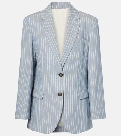 Brunello Cucinelli Pinstripe Linen, Cotton, And Hemp Blazer In Celeste/bianco