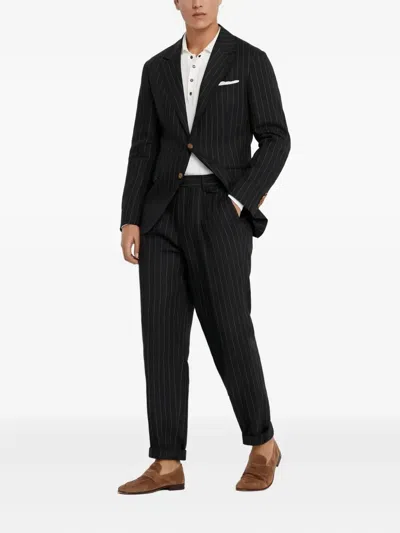 Brunello Cucinelli Pinstripe Linen Suit In Black