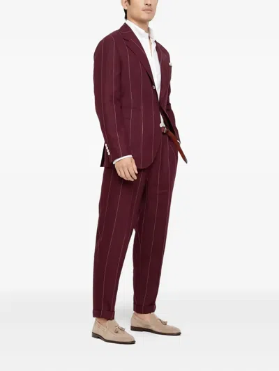 Brunello Cucinelli Pinstripe Linen Suit In Burgundy