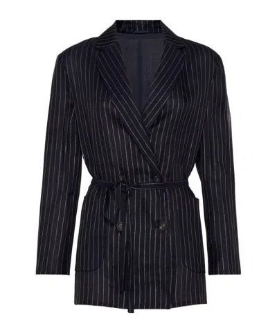 BRUNELLO CUCINELLI BRUNELLO CUCINELLI PINSTRIPE-PATTERN DOUBLE BREASTED BELTED BLAZER