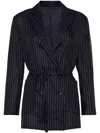 Brunello Cucinelli Double-breasted Jacket With Pinstripe Detail And Belted Waist In Blue