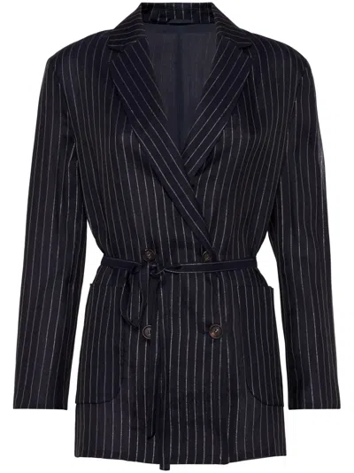 BRUNELLO CUCINELLI PINSTRIPE-PATTERN BELTED BLAZER